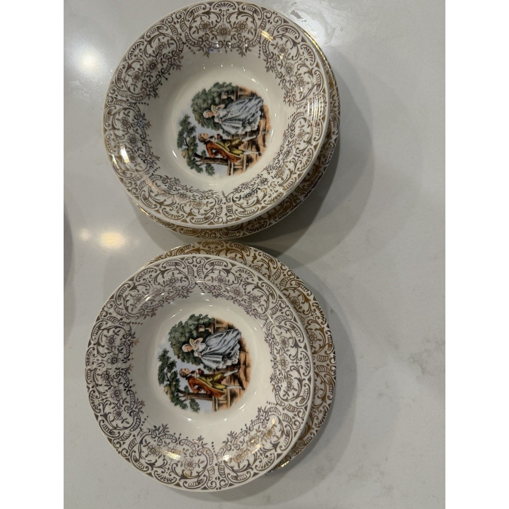Vintage Ceramic Fruit Bowl and Saucer Set Gold Filigree Courting Couple 4pc - Picture 2 of 4